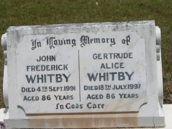 John Frederick WHITBY,  | died 4 Sept 1991 aged 86 years;  | Gertrude Alice WHITBY,  | died 18 July 1997 aged 86 years;  | Howard cemetery, City of Hervey Bay  | 
