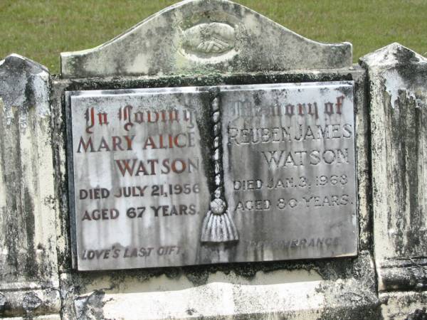 Mary Alice WATSON,  | died 21 July 1956 aged 67 years;  | Reuben James WATSON,  | died 3 Jan 1968 aged 80 years;  | Howard cemetery, City of Hervey Bay  | 