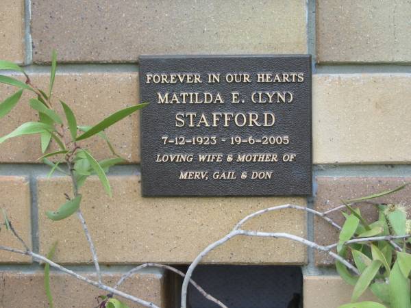Matilda E. (Lyn) STAFFORD,  | 7-12-1923 - 19-6-2005,  | wife,  | mother of Merv, Gail & Don;  | Howard cemetery, City of Hervey Bay  | 
