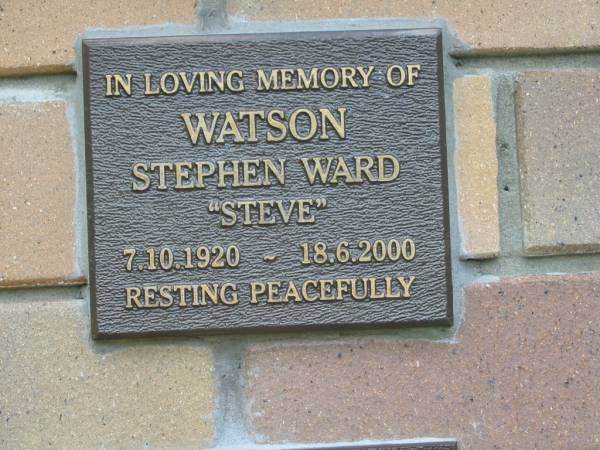 Stephen Ward (Steve) WATSON,  | 7-10-1920 - 18-6-2000;  | Howard cemetery, City of Hervey Bay  | 