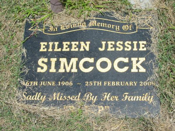 Eileen Jessie SIMCOCK,  | 16 June 1906 - 25 Feb 2000?;  | Howard cemetery, City of Hervey Bay  | 
