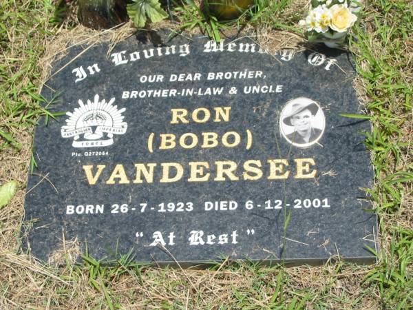 Ron (Bobo) VANDERSEE,  | brother brother-in-law uncle,  | born 26-7-1923,  | died 6-12-2001;  | Howard cemetery, City of Hervey Bay  | 