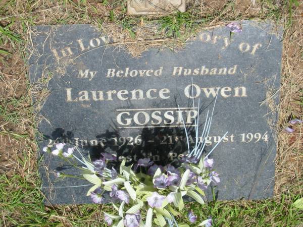 Laurence Owen GOSSIP,  | husband,  | 24 June 1926 - 21 Aug 1994;  | Howard cemetery, City of Hervey Bay  | 