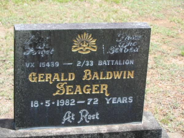 Gerlad Baldwin SEAGER,  | died 18-5-1982 aged 72 years;  | Howard cemetery, City of Hervey Bay  | 
