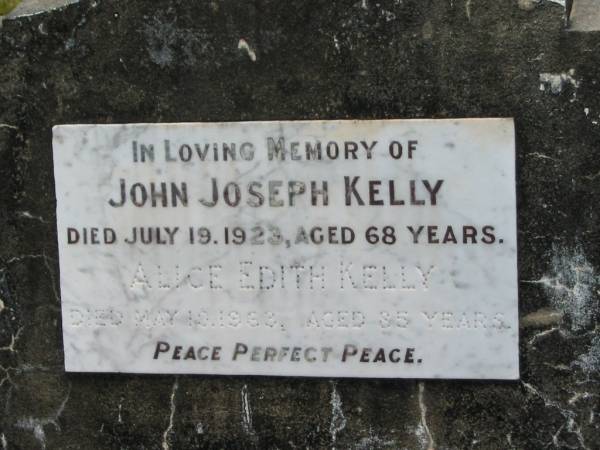 John Joseph KELLY,  | died 19 July 1923 aged 68 years;  | Alice Edith KELLY,  | died 19? May 1963 aged 85 years;  | Howard cemetery, City of Hervey Bay  | 
