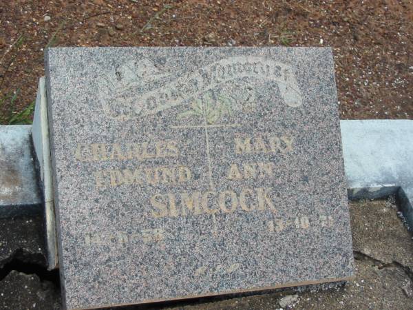 Charles Edmund SIMCOCK,  | died 14-6-58;  | Mary Ann SIMCOCK,  | died 13-10-71;  | Howard cemetery, City of Hervey Bay  | 