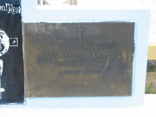 Henry F. MCKENNA,  | died 4 March 1959 aged 70 years,  | husband of Teresa,  | father of Joseph, Margaret, Mary & Tony;  | Mary Teresa MCKENNA,  | mother,  | wife of Henry,  | died 8 June 1978 aged 88 years;  | Howard cemetery, City of Hervey Bay  | 