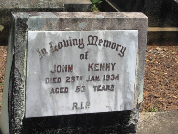 John KENNY,  | died 29 Jan 1934 aged 53 years;  | Howard cemetery, City of Hervey Bay  | 