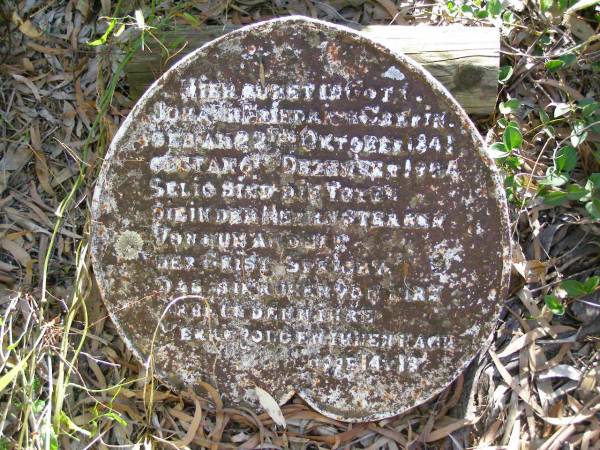 Fredrick John CREPIN, father,  | born 22 Oct 1841 died 6 Dec 1904;  | Johann Friedrich CREPIN,  | born 22 Oct 1841,  | died 6 Dec 1904;  | Hoya/Boonah Baptist Cemetery, Boonah Shire  | 