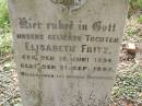 
Elisabeth  FRITZ
b: 15 Jun 1894
d: 21 Sep 1895
Hoya Lutheran Cemetery, Boonah Shire

