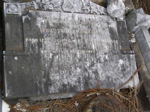 August Herman FRITZ  | b: 12 Aug 1853, d: 30 Jul 1928  | Albertine Louise FRITZ  | b: 3 Oct 1860, d: 4 Dec 1942  | Hoya Lutheran Cemetery, Boonah Shire  |   | 