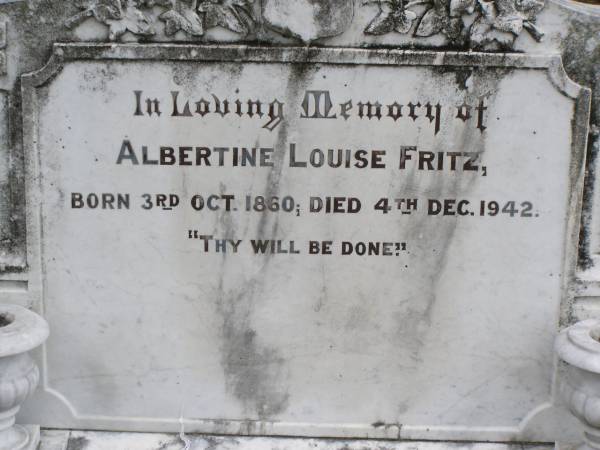 August Herman FRITZ  | b: 12 Aug 1853, d: 30 Jul 1928  | Albertine Louise FRITZ  | b: 3 Oct 1860, d: 4 Dec 1942  | Hoya Lutheran Cemetery, Boonah Shire  |   | 