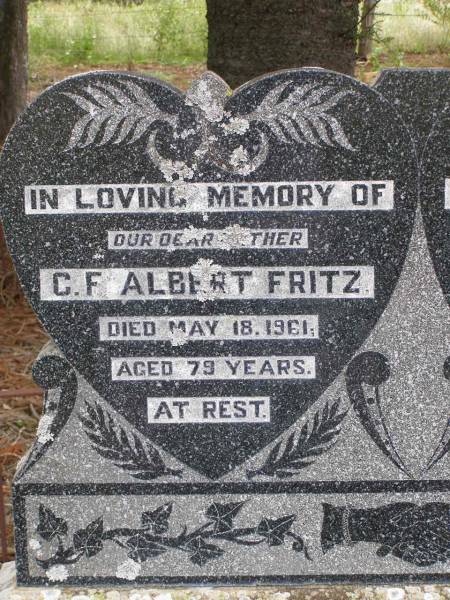 C F Albert FRITZ  | d: 18 May 1961, aged 79  | Anna A FRITZ  | d: 30 Nov 1946, aged 64  | Hoya Lutheran Cemetery, Boonah Shire  |   | 
