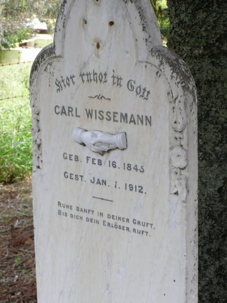 Carl WISSEMANN  | geb 16 Feb 1845, gest 7 Jan 1912  | Hoya Lutheran Cemetery, Boonah Shire  |   | 