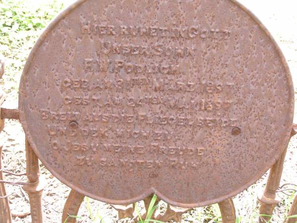 F W PODLICH  | geb: 31 Marz 1897, gest 24 Mai 1897  | Hoya Lutheran Cemetery, Boonah Shire  |   | 