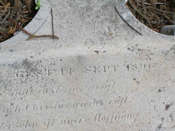 Johanna BERTCHMAN  | geb Win?ock 16 Oct 1829  | gest 11 Sept 1896  | Hoya Lutheran Cemetery, Boonah Shire  |   | 