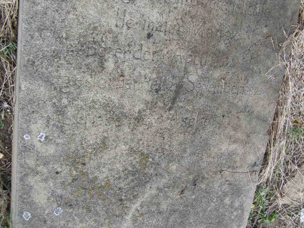 ?gebeble Callmand MULLER  | (beloved wife and mother)  | Ca  |    mpuerehelichte  | geb Heinpuoichelichle  | Herman Menge  |          Apr  1862  | ges      Sept 1882  |   | Hoya Lutheran Cemetery, Boonah Shire  |   | 