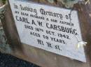 
Carl A.W. CARSBURG, husband father,
died 18 Oct 1942 aged 59 years;
Ingoldsby Lutheran cemetery, Gatton Shire
