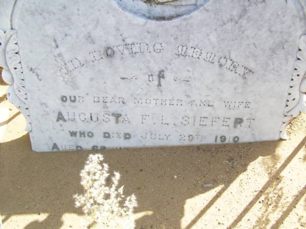 Augusta F.L. SIEFERT, mother wife,  | died 20 July 1910 aged 62? years;  | Maria B.L. DODT, daughter,  | wife of August DODT,  | died 23 June 1910 aged 33 years 7 months;  | August F.W. SIEFERT, father,  | died 27 March 1912 aged 81 years 3 months;  | Ingoldsby Lutheran cemetery, Gatton Shire  | 