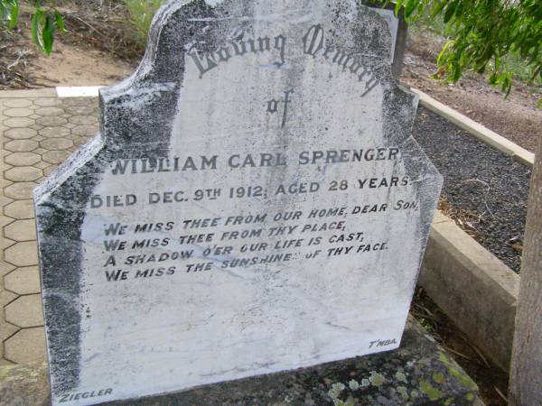 William Carl SPRENGER,  | died 9 Dec 1912 aged 28 years;  | Ingoldsby Lutheran cemetery, Gatton Shire  | 