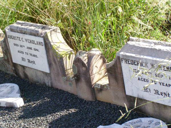 Auguste C. WENDLAND,  | died 26 June 1941 aged 75 years;  | Frederick W. WENDLAND,  | died 25 Sept1944 aged 76 years;  | Ingoldsby Lutheran cemetery, Gatton Shire  | 