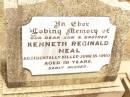
Kenneth Reginald NEAL,
son brother,
accidentally killed 18 June 1960 aged 19 years;
Jandowae Cemetery, Wambo Shire

