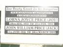 
parents grandparents great-grandparents;
Lorna Joyce PRICE (Joy),
29 Aug 1912 - 17 Feb 1994;
John William PRICE (Jack),
7 June 1916 - 30 March 1994;
Jandowae Cemetery, Wambo Shire


