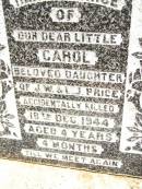 
Carol,
daughter of J.W. & L.J. PRICE,
accidentally killed 16 Dec 1944
aged 4 years 4 months;
Fardie Stanley G. PRICE,
aged 61 years;
Jandowae Cemetery, Wambo Shire
