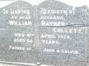 
William Rayner COLLETT,
husband,
father of John & Calvin,
died 4 April 1928 aged 60 years;
Jandowae Cemetery, Wambo Shire
