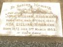 
John William RISSMANN,
father,
born 1874,
died 6 Oct 1947;
Ada Lillian RISSMANN,
mother,
born 1877,
died 3 March 1952;
Ted RISSMANN,
1911 - 1986;
Jandowae Cemetery, Wambo Shire
