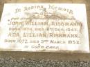 John William RISSMANN,
father,
born 1874,
died 6 Oct 1947;
Ada Lillian RISSMANN,
mother,
born 1877,
died 3 March 1952;
Ted RISSMANN,
1911 - 1986;
Jandowae Cemetery, Wambo Shire