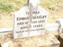 
Thomas Edward SAXELBY,
died 18 Sept 1933 aged 15 years;
Jandowae Cemetery, Wambo Shire
