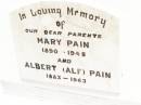 parents;
Mary PAIN,
1890 - 1945;
Albert (Alf) PAIN,
1883 - 1963;
Jandowae Cemetery, Wambo Shire