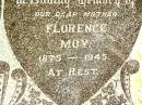 
Abraham John MOY,
husband father,
1868 - 1940;
Florence MOY,
mother,
1875 - 1945;
Ernest Alfred PIKE,
grandson,
25-09-1921 - 18-12-1921,
interred Warra cemetery;
Jandowae Cemetery, Wambo Shire
