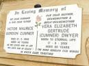 
Victor Maurice Gordon CUMNER,
husband father,
died 10-2-1958 aged 46 years;
Vera Elizabeth Gertrude (Cumner) DWYER,
mother grandmother great-grandmother,
died 17-5-2001 aged 86 years;
Jandowae Cemetery, Wambo Shire
