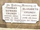 
Thomas Edward GRUNDY,
died 17 April 1961 aged 90 years;
Elizabeth GRUNDY,
died 29 June 1960 aged 89 years;
Jandowae Cemetery, Wambo Shire
