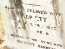 
John BARRETT,
husband,
died 18 Oct 1899 aged 63 years;
Harriett,
wife,
died 24 Sept 1927 aged 82 years;
Jandowae Cemetery, Wambo Shire
