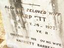 John BARRETT,
husband,
died 18 Oct 1899 aged 63 years;
Harriett,
wife,
died 24 Sept 1927 aged 82 years;
Jandowae Cemetery, Wambo Shire