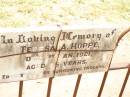 
Teresa A. HOPPE,
died 1 Jan 1921 aged 45 years,
erected by parents;
Jandowae Cemetery, Wambo Shire
