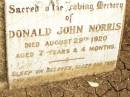 
Donald John NORRIS,
died 29 Aug 1920 aged 7 years 4 months;
Jandowae Cemetery, Wambo Shire
