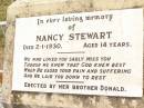 
Jean STEWART,
died 1-6-1929 aged 15 years,
erected by brother Donald;
James STEWART,
husband father,
died 21 Oct 1918 aged 30 years;
Mggie A. STEWART (nee DONALD),
mother,
died 15-10-1927 aged 42 years,
erected by children Jean, Nancy & Donald;
James DONALD,
died 10 Oct 1910 aged 66 years;
Nancy STEWART,
died 2-1-1930 aged 14 years,
erected by brother Donald;
Jandowae Cemetery, Wambo Shire
