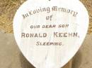 parents;
David DONALD,
dad,
died 3 Oct 1946 aged 73 years;
Selina DONALD,
mum,
died 3 Jan 1928 aged 45 years;
Ronald KEEHN,
son grandson;
Jandowae Cemetery, Wambo Shire