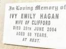
Clifford HAGAN,
husband father,
died 7 Aug 1953 aged 46 years;
Ivy Emily HAGAN,
wife of Clifford,
died 25 June 2004 aged 88 years;
Jandowae Cemetery, Wambo Shire
