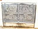 Leonard William ALEXANDER,
father,
died 11 Aug 1973 aged 78 years;
Elizabeth ALEXANDER,
wife mother,
died 25 May 1963 aged 71 years;
Jandowae Cemetery, Wambo Shire