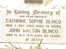 parents;
Cathrine Sophie BLINCO,
died 3 July 1963 aged 74 years;
John Walton BLINCO,
died 16 Oct 1971 aged 83 years;
Evelyn May BURCHILL,
17-3-11 - 5-12-98,
ashes with parents Catherine & John;
Jandowae Cemetery, Wambo Shire