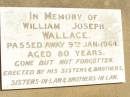 
William Joseph WALLACE,
died 9 Jan 1964 aged 80 years,
erected by sisters & brothers,
sisters-in-law  & brothers-in-law;
Jandowae Cemetery, Wambo Shire
