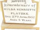 
Hulda Henriette PLATZKE,
died 27 April 1902 aged 5 years;
Louise Sophia, 
sister,
died 1 Oct 1918 aged 16 years;
children of Henry & Ida PLATZKE;
Jandowae Cemetery, Wambo Shire
