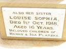 Hulda Henriette PLATZKE,
died 27 April 1902 aged 5 years;
Louise Sophia,
sister,
died 1 Oct 1918 aged 16 years;
children of Henry & Ida PLATZKE;
Jandowae Cemetery, Wambo Shire