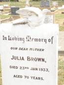 
Julia BROWN,
mother,
died 23 Jan 1933 aged 70 years;
Jandowae Cemetery, Wambo Shire
