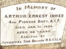 
Arthur Ernest INNES,
died 31 Jan 1925 aged 46 years;
Jandowae Cemetery, Wambo Shire
